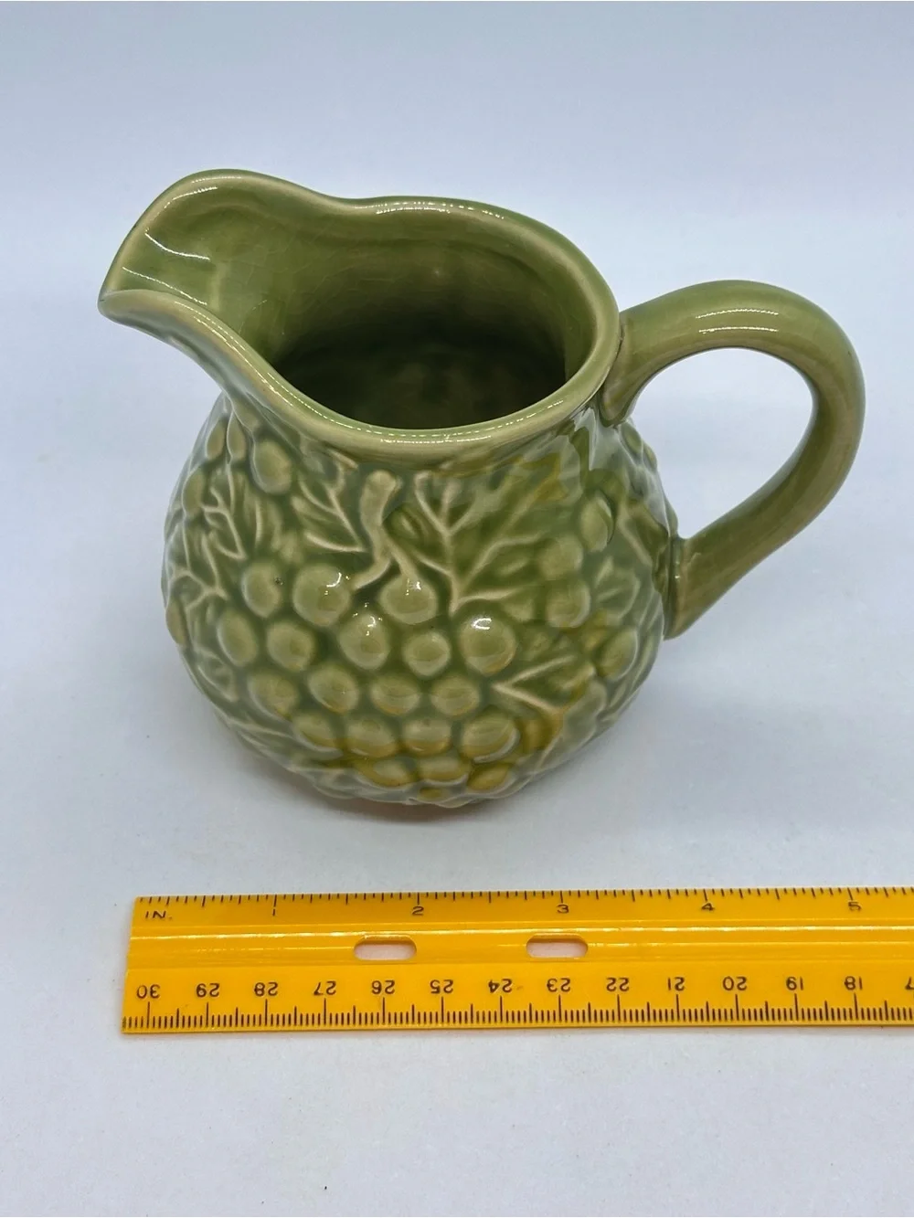 Vintage Green Grape Vine Ceramic Sugar Bowl with Lid and Creamer Set*Has Crazing